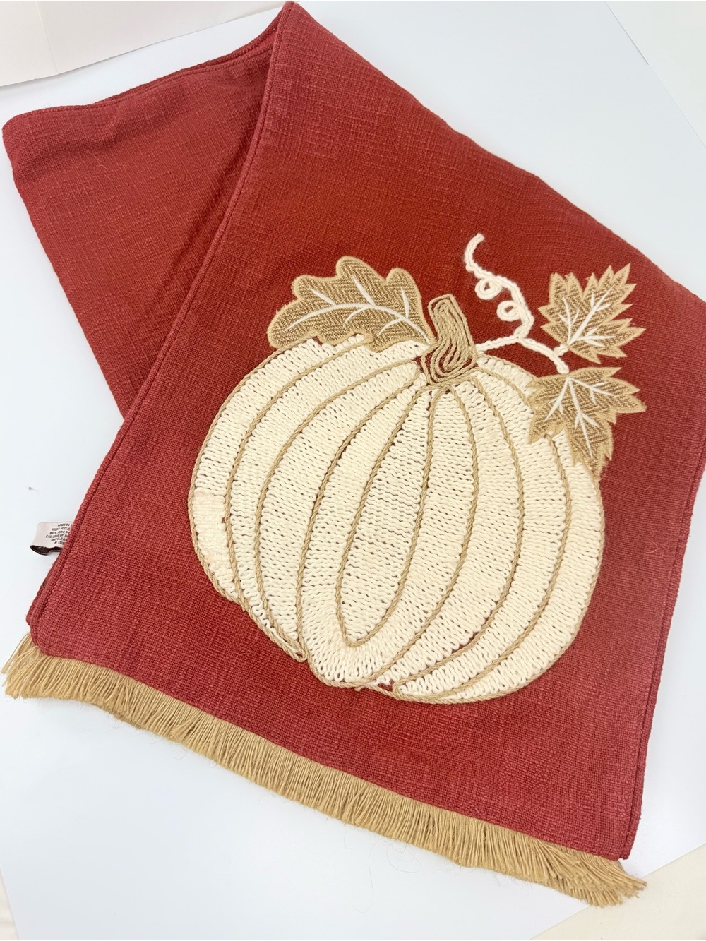 Haymarket Square Rust Orange Woven Cream Knit Pumpkin Appliqué Fall Table Runner